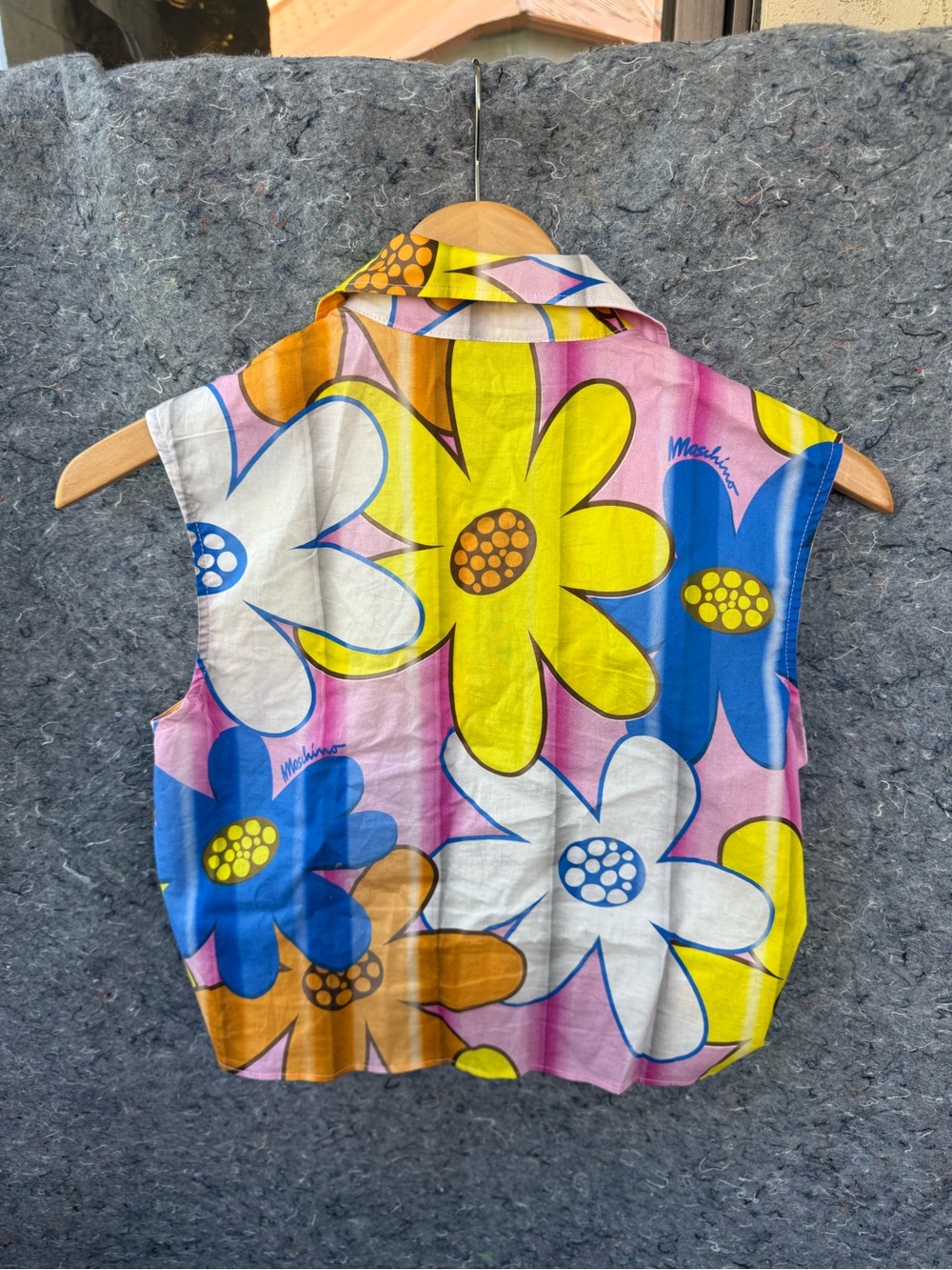 Moshchino Sleeveless Tie-Front Floral Print Top in Yellow/Blue/Pink - Picture 2 of 3